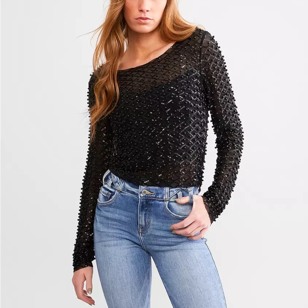 Endless Blu Embellished Mesh Top